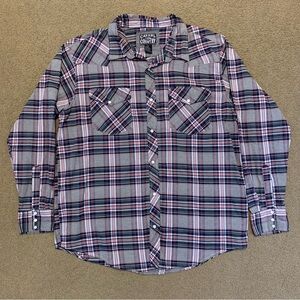 Men’s casual country pearl button up plaid cotton blend western cowboy shirt 2XL